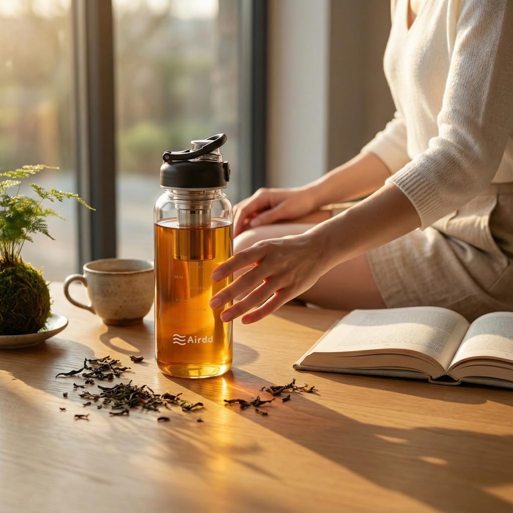 Quiet morning ritual — Airdd bottle filled with golden tea, scattered tea leaves on a wooden table beside an open book