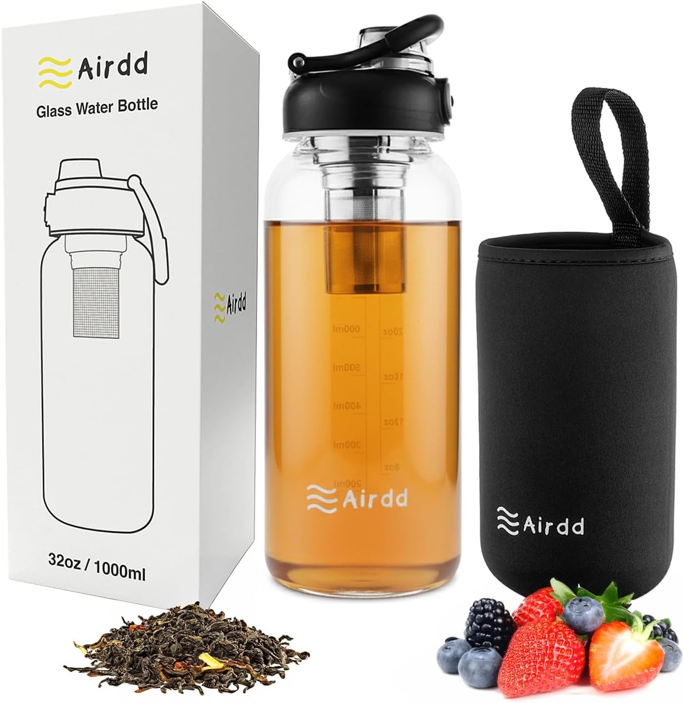 Airdd 32 oz Glass Water Bottle with stainless tea infuser, protective sleeve, loose-leaf tea and fresh berries