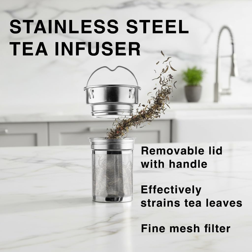 Stainless steel tea infuser with removable lid and fine mesh filter