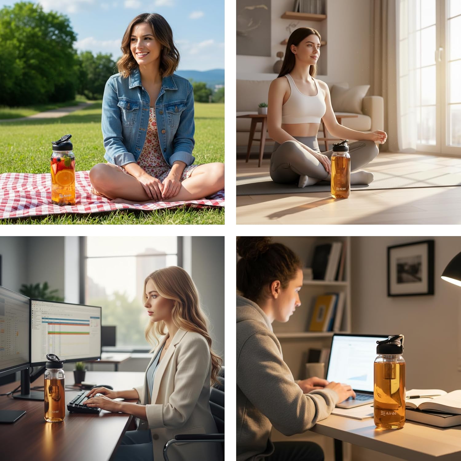Airdd water bottle in different settings — picnic, yoga, office, study